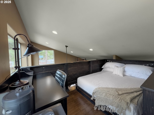 bedroom featuring dark wood-type flooring, lofted ceiling, and recessed lighting