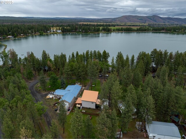 aerial view of property's location with a large body of water and a heavily wooded area
