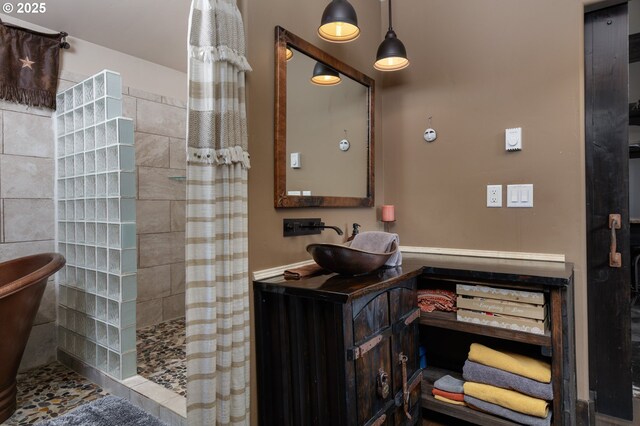 full bathroom featuring a walk in shower and a sink