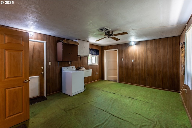 47508 Hansen St, Oakridge, OR 97463 - washroom featuring washer / dryer, a ceiling fan, cabinet space, carpet, and wood walls