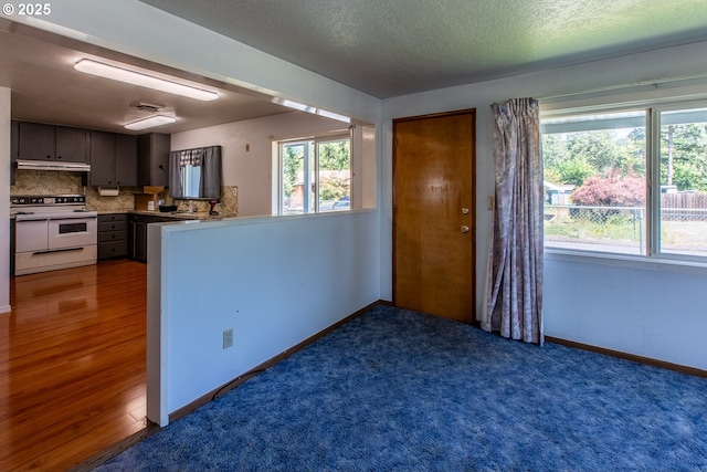 47508 Hansen St, Oakridge, OR 97463 - kitchen with white electric range, under cabinet range hood, tasteful backsplash, baseboards, and a peninsula