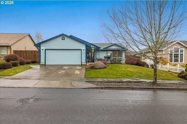 single story home with a garage and a front yard