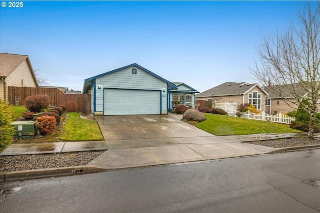 ranch-style home with a garage and a front yard