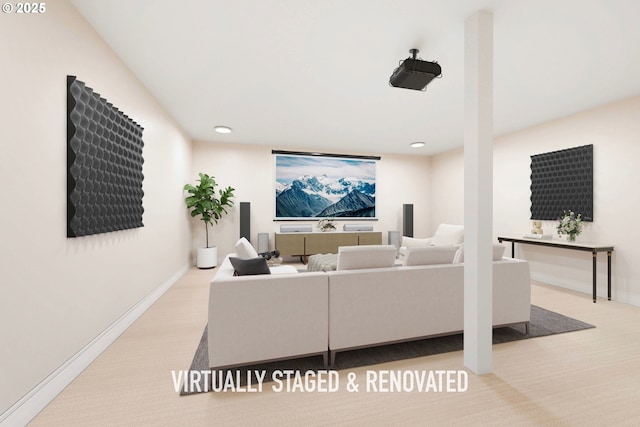 living area featuring light carpet, baseboards, and recessed lighting