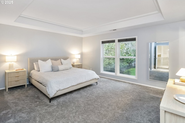 carpeted bedroom featuring a tray ceiling, visible vents, and baseboards