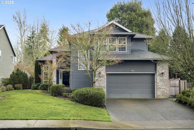 view of front of home with brick siding, an attached garage, concrete driveway, and a front lawn