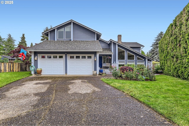 1543 NE Hyde St, Hillsboro, OR 97124 - mid-century inspired home with driveway, roof with shingles, a chimney, and a garage