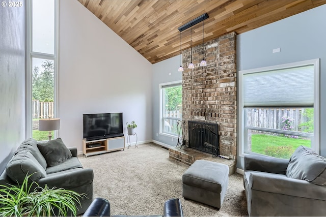 1543 NE Hyde St, Hillsboro, OR 97124 - living room featuring wood ceiling, carpet floors, a fireplace, high vaulted ceiling, and baseboards