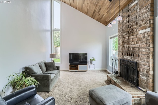 1543 NE Hyde St, Hillsboro, OR 97124 - living area featuring carpet, a brick fireplace, baseboards, wood ceiling, and high vaulted ceiling