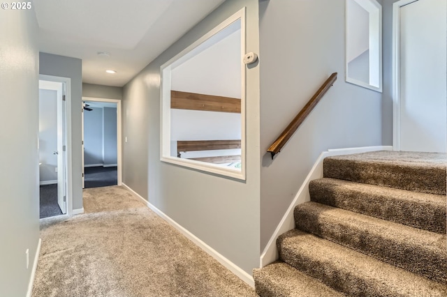 1543 NE Hyde St, Hillsboro, OR 97124 - stairway with carpet floors, baseboards, recessed lighting, and a ceiling fan