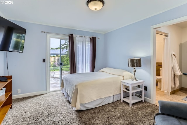 1543 NE Hyde St, Hillsboro, OR 97124 - bedroom with access to outside, baseboards, crown molding, connected bathroom, and carpet