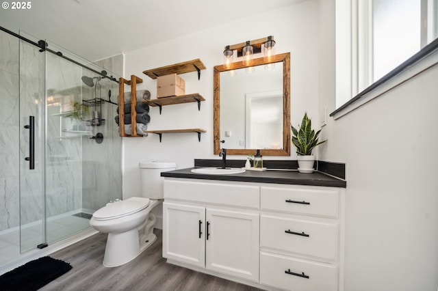 40774 SE Trubel Rd, Sandy, OR 97055 - full bathroom featuring vanity, a marble finish shower, and wood finished floors