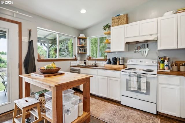 40774 SE Trubel Rd, Sandy, OR 97055 - kitchen featuring white electric range oven, butcher block counters, open shelves, under cabinet range hood, and recessed lighting