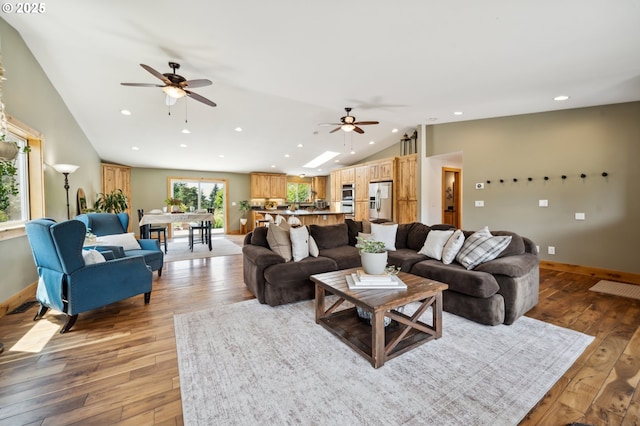 40774 SE Trubel Rd, Sandy, OR 97055 - living room with vaulted ceiling, ceiling fan, recessed lighting, and light wood finished floors