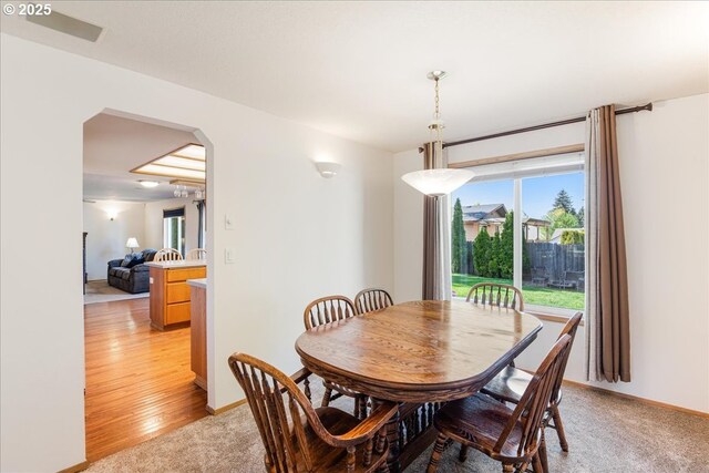 dining room featuring arched walkways, baseboards, light colored carpet, and a healthy amount of sunlight