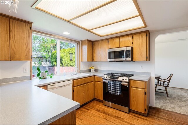 kitchen with light wood-style floors, light countertops, a sink, and appliances with stainless steel finishes