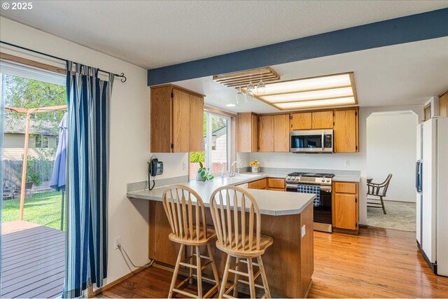 kitchen with appliances with stainless steel finishes, light wood-type flooring, light countertops, a sink, and a peninsula