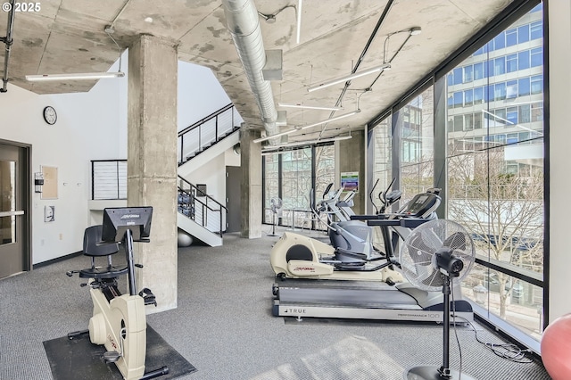 exercise room featuring a wall of windows and carpet flooring