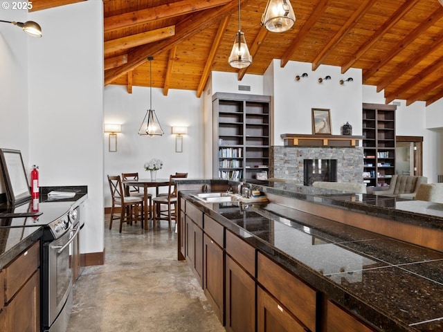 4257 SE Jetty Ave, Lincoln City, OR 97367 - kitchen featuring electric stove, beamed ceiling, and wooden ceiling