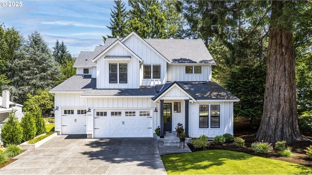 1931 13th St, West Linn, OR 97068 - modern inspired farmhouse with concrete driveway, board and batten siding, roof with shingles, and a garage