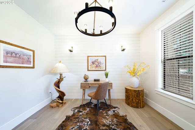 1931 13th St, West Linn, OR 97068 - office area with a chandelier, wood finished floors, and wooden walls