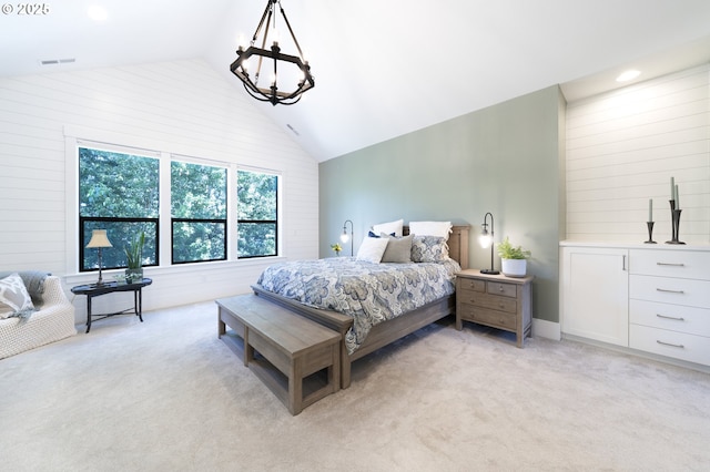 1931 13th St, West Linn, OR 97068 - bedroom featuring vaulted ceiling, wood walls, light colored carpet, and recessed lighting
