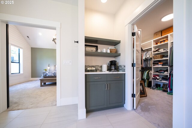 1931 13th St, West Linn, OR 97068 - hall featuring light colored carpet, lofted ceiling, and light tile patterned floors