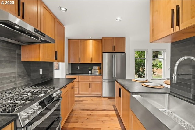 8316 SE 7th Ave, Portland, OR 97202 - kitchen featuring appliances with stainless steel finishes, extractor fan, a sink, dark countertops, and tasteful backsplash