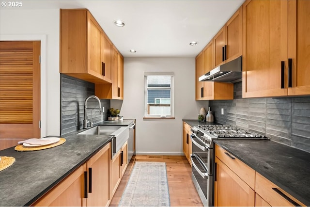 8316 SE 7th Ave, Portland, OR 97202 - kitchen featuring under cabinet range hood, stainless steel appliances, a sink, light wood finished floors, and baseboards