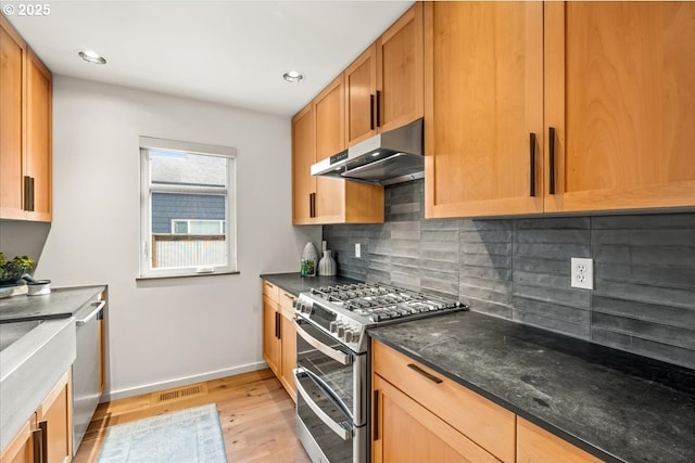 8316 SE 7th Ave, Portland, OR 97202 - kitchen featuring stainless steel appliances, extractor fan, light wood-style flooring, decorative backsplash, and baseboards