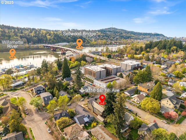 8316 SE 7th Ave, Portland, OR 97202 - aerial overview of property's location with a water and mountain view and a notable bridge