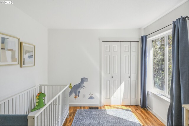 bedroom featuring wood finished floors and a closet