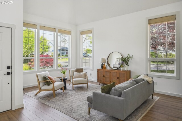 living room featuring healthy amount of natural light, wood finished floors, and baseboards