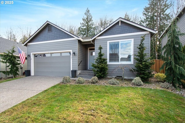 single story home with a front lawn, concrete driveway, a garage, and fence