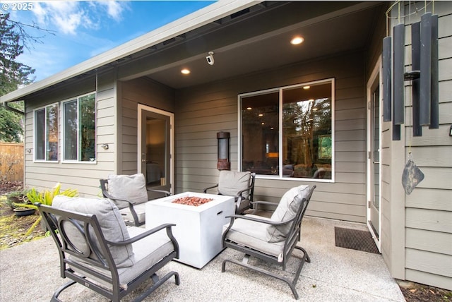 view of patio / terrace featuring a fire pit