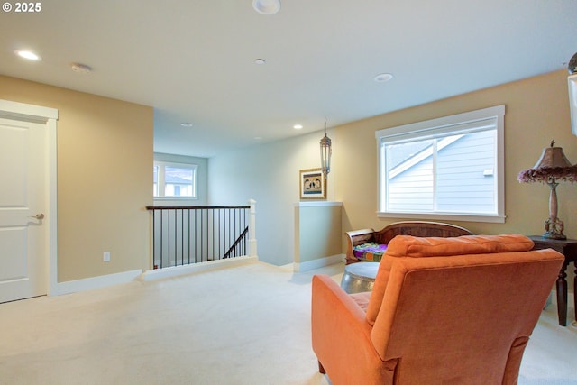 living room with light colored carpet