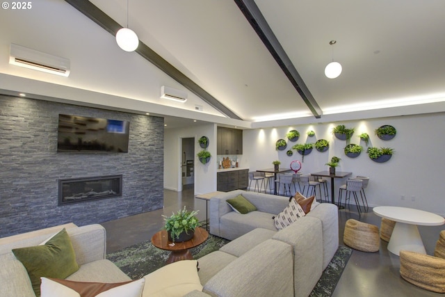 living room with a stone fireplace, a wall unit AC, beamed ceiling, high vaulted ceiling, and concrete flooring