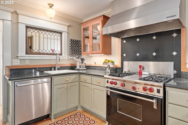 kitchen featuring glass insert cabinets, extractor fan, ornamental molding, stainless steel appliances, and a sink