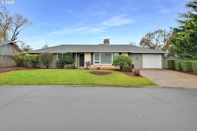 ranch-style house featuring driveway, a garage, a chimney, and a front yard