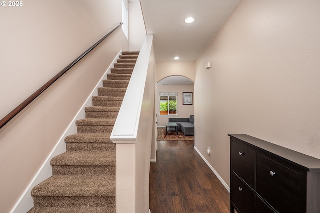 5761 Mt Vernon Rd, Springfield, OR 97478 - staircase with arched walkways, recessed lighting, wood finished floors, and baseboards