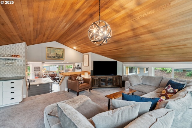 7780 Blinkhorn Way, Gladstone, OR 97027 - living room featuring light colored carpet, wooden ceiling, lofted ceiling, plenty of natural light, and a chandelier