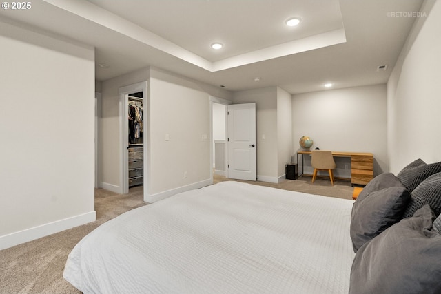 bedroom with a tray ceiling, light carpet, and a spacious closet