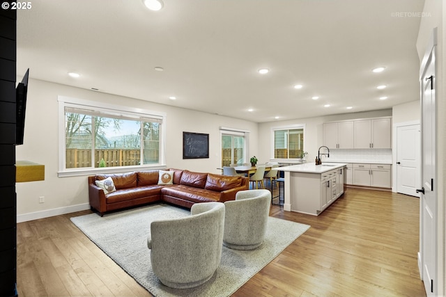 living room featuring sink and light hardwood / wood-style flooring