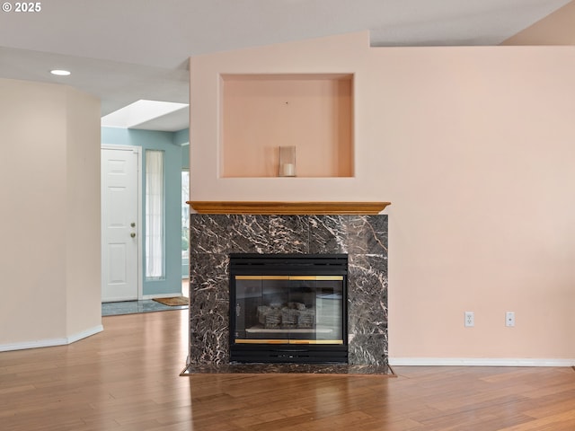 details with baseboards, wood finished floors, and a high end fireplace