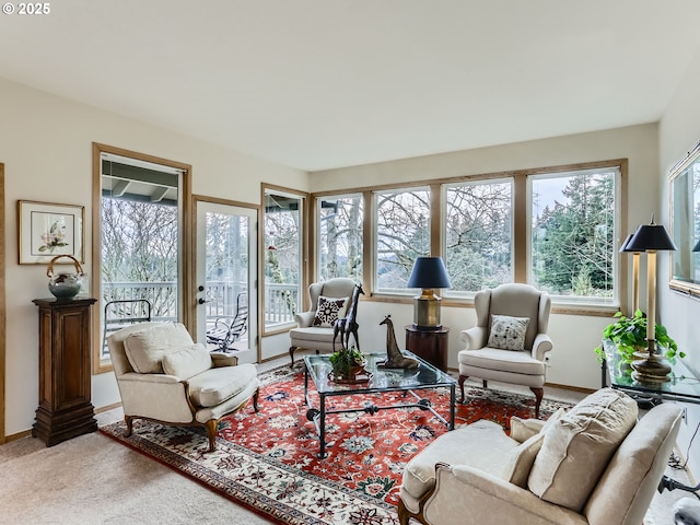 carpeted living area with a wealth of natural light and baseboards