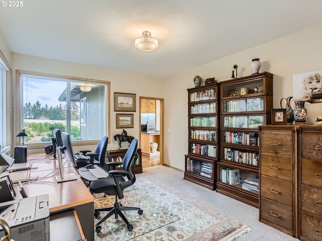 office area with light carpet and baseboards