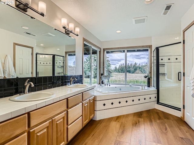 bathroom featuring double vanity, visible vents, a sink, and wood finished floors