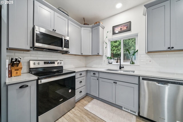 kitchen featuring a sink, appliances with stainless steel finishes, gray cabinets, decorative backsplash, and light wood finished floors