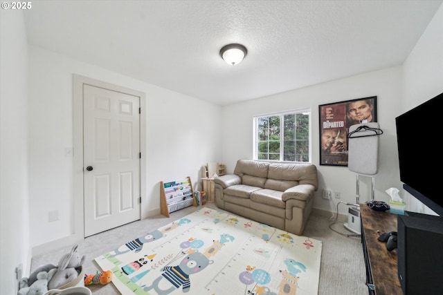 living area with a textured ceiling, carpet flooring, and baseboards