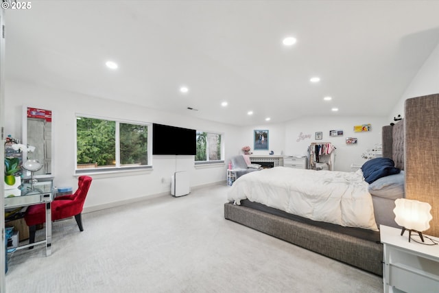 bedroom with baseboards, recessed lighting, visible vents, and light colored carpet